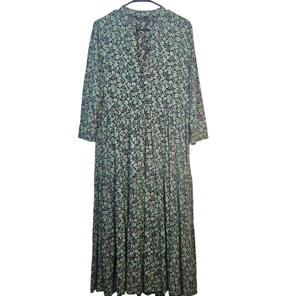 Madewell Button-Front Tiered Midi Dress Small Fleur Field Green Peasant Bohemian